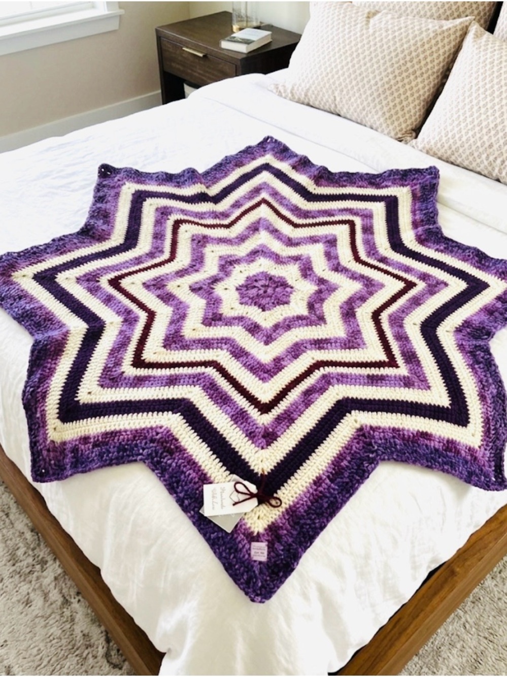 NWT Handmade Crochet Star Baby / Lap Blanket Purple Cream